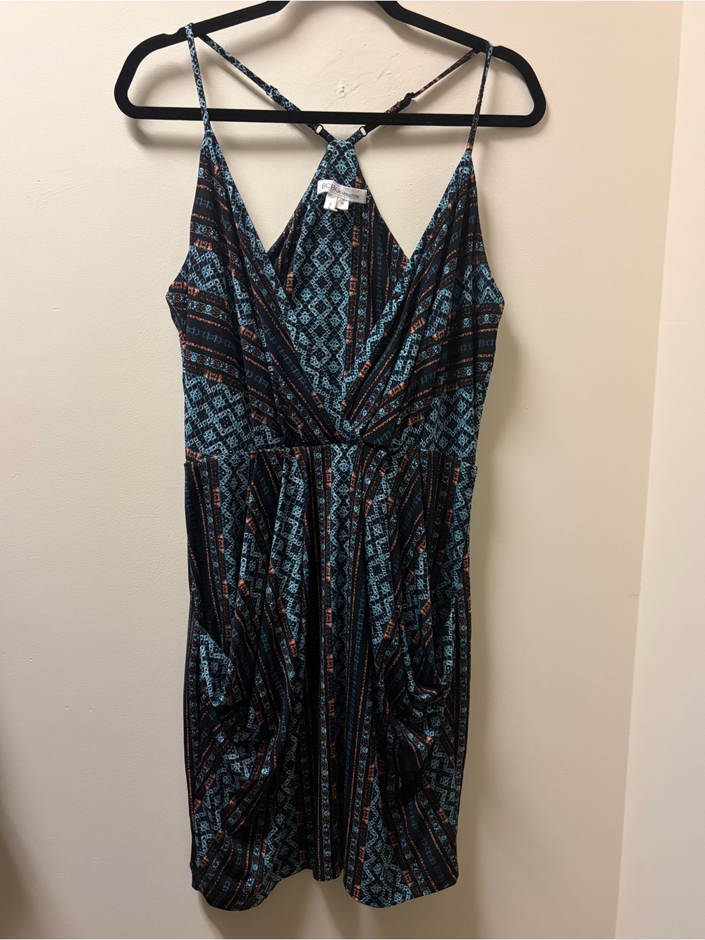 BCBGeneration Teal and Black Geometric Print Deep V Neck Mini Dress Medium